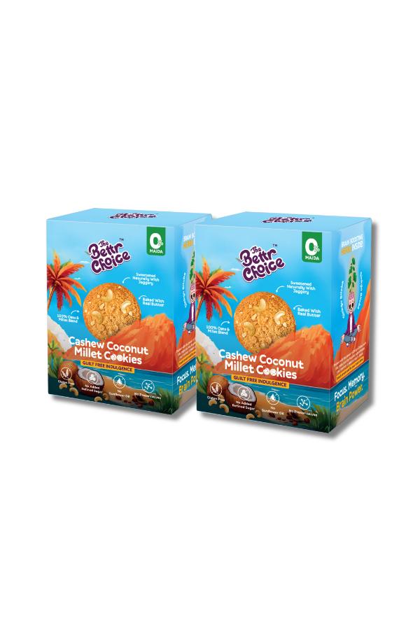 The Bettr Choice Cashew Coconut Millet Cookies - 100% Whole Grain Blend with Natural Butter, Desiccated Coconut, Organic Jaggery, Ginkgo Biloba, No Added Refined Sugar - Healthy Snack - 2 Pack
